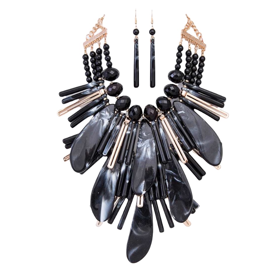 Black Mix Marbled Resin & Bead Statement Necklace